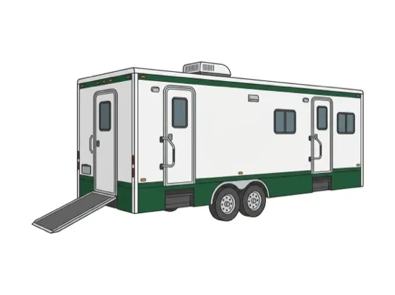 Full service restroom trailer with ADA ramp illustration
