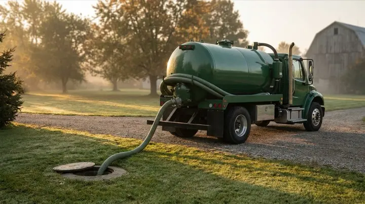 Pump truck servicing a septic tank
